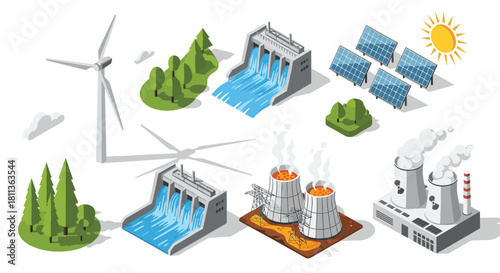 Clean energy sources for a sustainable future including wind farms, solar panels, hydroelectric dams and geothermal power plants