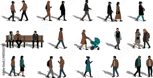Vector people set, architectural entourage collection of casual men and women walking, sitting on a bench, using phone, and pushing a stroller, isolated 2D illustration.