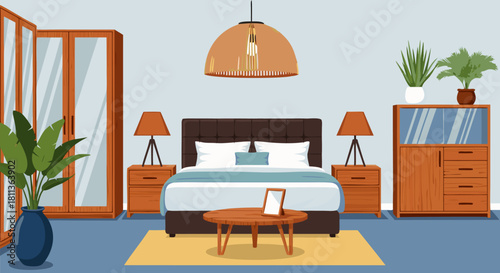 A cozy bedroom interior illustration featuring a bed, bedside tables with lamps, a dresser, a wardrobe, and plants, all in a warm, inviting color palette