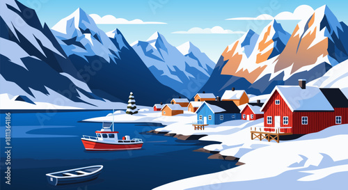 Vibrant Winter Scandinavian Fjord Village Scene with Snow-Capped Mountains and Boats, Flat Design Vector Illustration