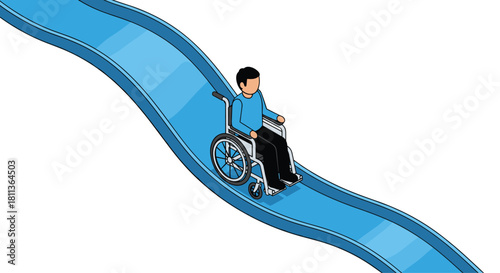 Joyful mobility illustration of a person in a wheelchair enjoying a playful ride down a blue slide showing accessibility and inclusive design