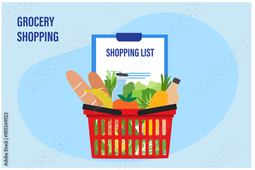 Online shopping and grocery delivery service, Shopping basket with grocery foods in supermarket vector illustration

