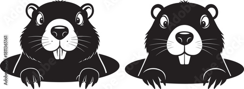 Two adorable groundhog silhouettes facing forward with big eyes and whiskers silhouette