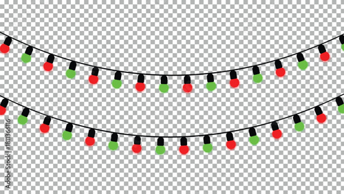 Red and green Christmas string lights garland vector on Transparent Background