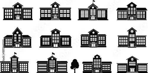 Vector set of school building silhouettes, university campus icons, college architecture design, black and white education symbols, library structures, government office illustrations, city landmarks