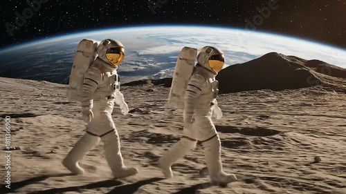 Astronauts walking on a distant lunar surface