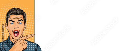 A shocked guy points at a blank banner in pop art style. Pop art in comic book style.