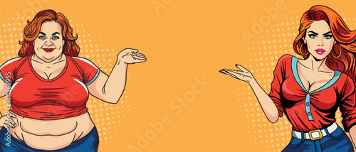 Two women compare themselves in pop art style. Pop art in comic book style.