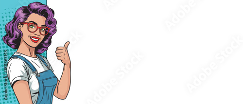 A young woman in pop art style points to a blank banner. Pop art in comic book style.