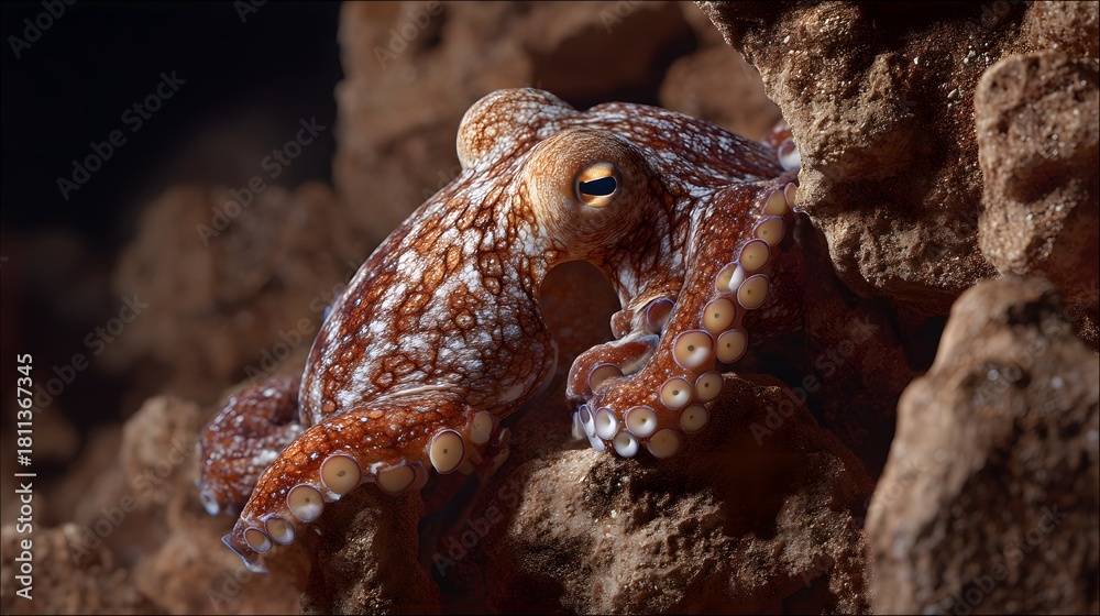 Obraz premium Small brown and white octopus is sitting on a rock. The octopus is looking up at the camera