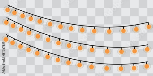 three curved strings of glowing orange bulbs on transparent background, festive vector decoration for celebration, party, holiday, or event design with editable wire layout and minimal style