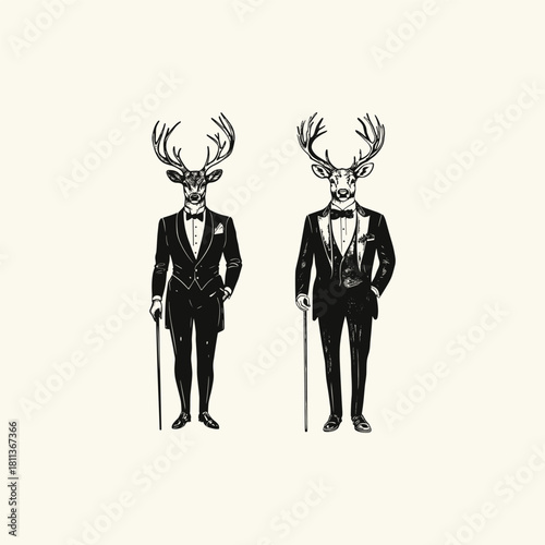 illustration of an anthropomorphic stag wearing a sophisticated tuxedo and bow tie, holding a cane