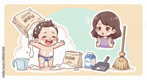 A cute cartoon baby boy happily makes a mess with flour while his surprised mother looks on with a broom and dustpan.