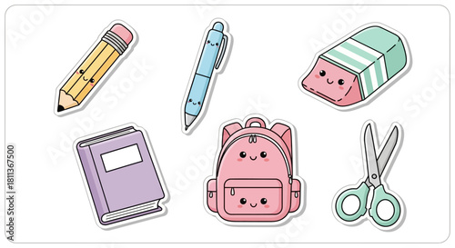 A cute collection of kawaii school supply stickers featuring a pencil, pen, eraser, book, backpack, and scissors.