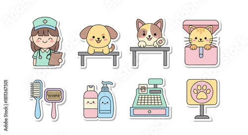 A cute collection of kawaii cartoon stickers depicting a veterinarian, pets, and pet care items.