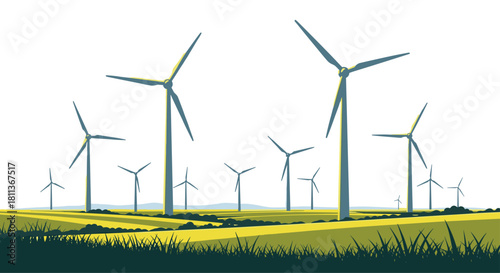 Wind turbines on a farm generate clean energy for a sustainable future, promoting eco-friendly solutions and reducing carbon footprint worldwide