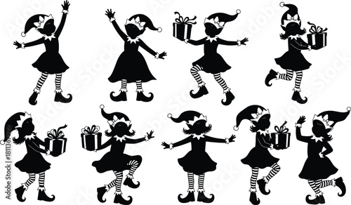 Collection of happy female Christmas elf silhouettes dancing and holding gift boxes for holiday celebration vector illustration isolated on white.