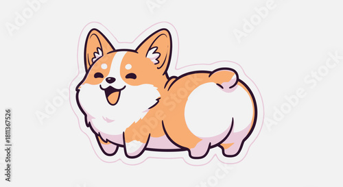 A cute and happy cartoon corgi dog smiling with its tongue out, shown from a rear view.