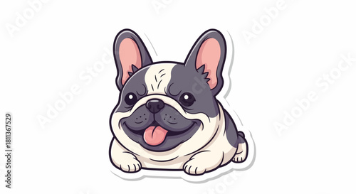 A cute cartoon French Bulldog sticker lying down happily with its tongue out, isolated on a white background.