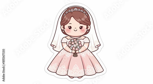 Adorable chibi cartoon bride in a pink wedding dress holding a flower bouquet.