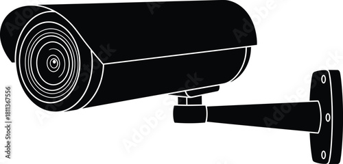 Vector silhouette of security camera black and white CCTV icon for surveillance system, wall mounted video recorder, safety protection symbol, isolated white background illustration