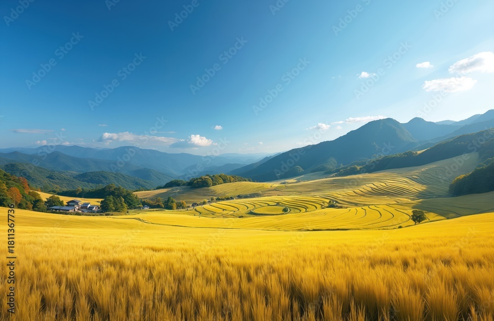 Obraz premium Golden rice terraces under blue sky with distant mountains. Rural asian village nestled among rich green trees beside vast farmland. Sun shines on ripe crops.