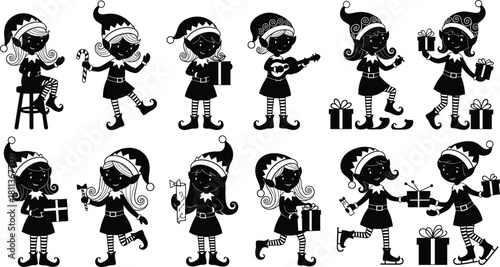 Cute female Christmas elf silhouettes dancing playing guitar and ice skating with gifts for holiday party celebration vector design set.