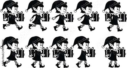 Cute female Christmas elf silhouettes walking and carrying gift boxes for holiday celebration and present delivery vector illustration set design.