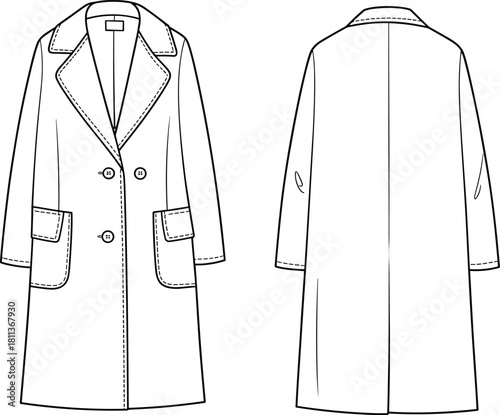Double-breasted long coat fashion flat sketch with notched lapel, patch pockets, clean technical vector illustration for modern apparel design templates.