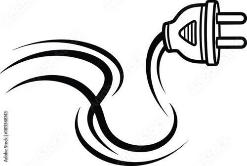 Electric power plug with long wavy cord icon in black outline vector style.