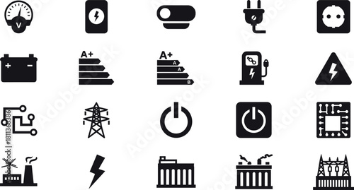 Electricity and energy industry icon set with battery, plug, and power plant symbols in black glyph style.