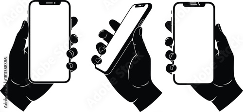 Vector silhouettes of hands holding smartphone with blank screen, mobile phone mockup for app design, black arm gripping device, isolated white background illustration set