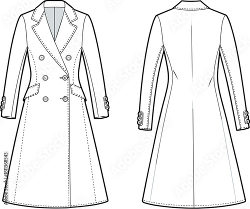 Elegant double-breasted tailored coat technical flat illustration showing structured front and back views with lapels, buttons, pockets, sleeve details, and refined silhouette.