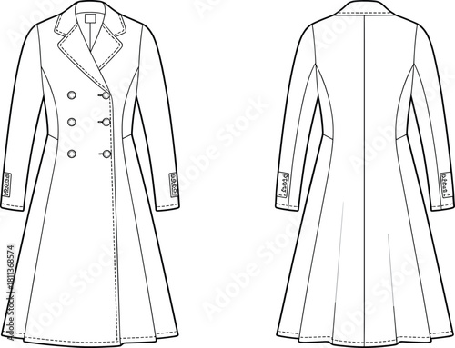 Elegant double-breasted tailored coat technical flat illustration showing front and back views with lapels, buttons, sleeve details, and structured feminine silhouette.