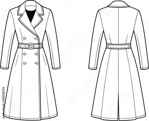 Elegant double-breasted trench coat technical flat illustration showing front and back views with belt, lapels, stitching details, and classic tailored design.