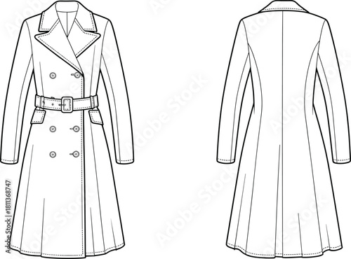 Elegant double-breasted trench coat technical flat sketch featuring detailed front and back views with belt, lapels, stitching, and structured tailoring design.