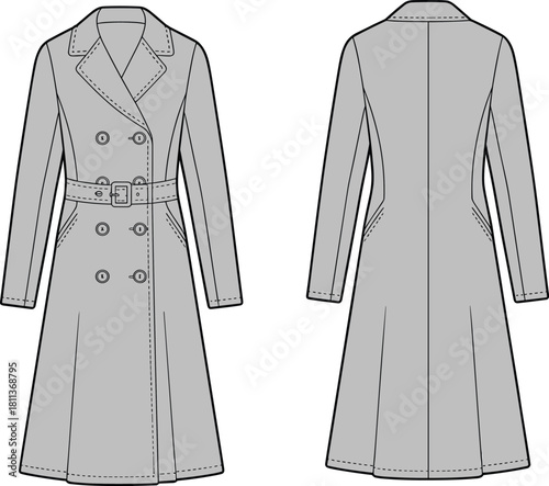 Elegant long trench coat fashion flat sketch with detailed stitching, belt, buttons, tailored silhouette, and front-back technical illustration.