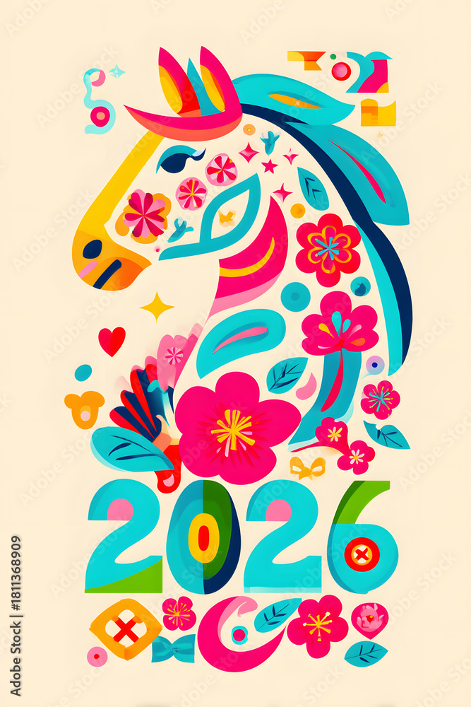 Fototapeta premium Colorful Pop Art Horse Illustration with Flowers for 2026 New Year