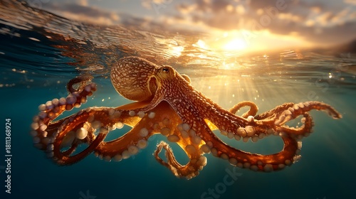 Fototapeta Naklejka Na Ścianę i Meble -  Large octopus is swimming in the ocean. The sun is setting in the background, casting a warm glow on the water. The scene is peaceful and serene, with the octopus blending in with its surroundings