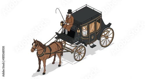 Elegant horse-drawn carriage with driver and passenger in classic style, perfect for historical depictions or vintage-themed designs