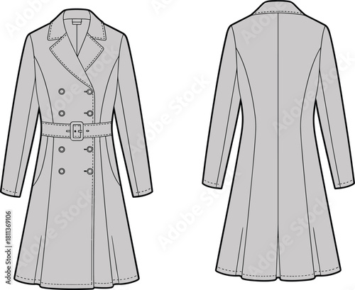 Elegant women’s long trench coat technical flat sketch with detailed stitching, belt, buttons, tailored silhouette, and front–back fashion illustration.