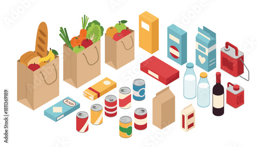 Fresh groceries and pantry staples creating a colorful isometric design for healthy living and meal planning inspiration for modern lifestyles