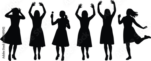 Group of happy women silhouettes jumping and dancing in dresses for party celebration and success vector illustration isolated on white.