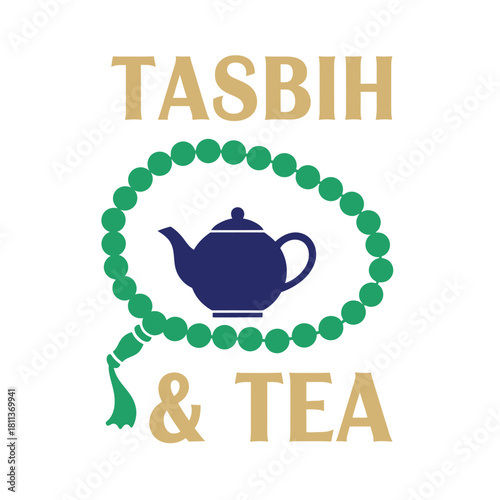 Tasbih and tea vector illustration Islamic prayer beads with a teapot design element for Ramadan and Eid celebrations typography t shirt design