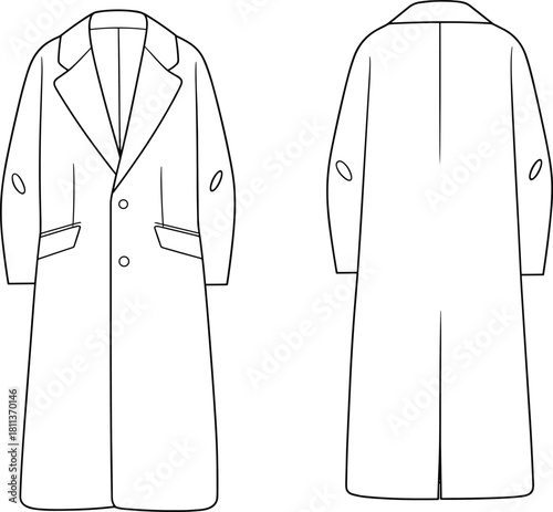 Long tailored coat fashion flat sketch with notched lapel, welt pockets, clean technical vector illustration showing front and back apparel design details.