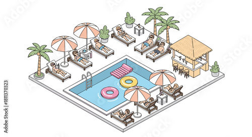 Summer vibes at a resort pool with friends, relaxing under umbrellas and sipping cool drinks at the poolside bar in a tropical oasis