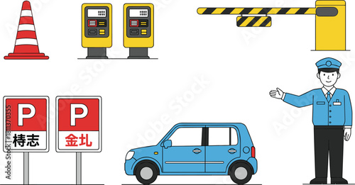 Parking lot vector set with security guard, car, barrier, meters, and signs in flat style.
