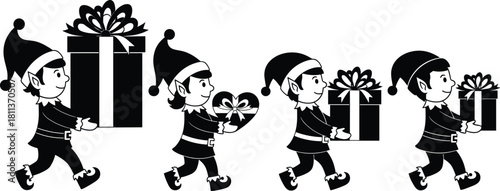 Row of cute Christmas elves walking and carrying gift boxes for holiday present delivery vector illustration isolated on white background.