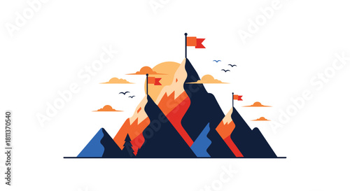 Bold mountain range with flags reaching for success against a vibrant sunset, a symbol of ambition and achieving goals with determination