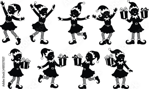 Set of happy female Christmas elf silhouettes dancing and holding gifts for holiday party celebration vector illustration isolated on white.